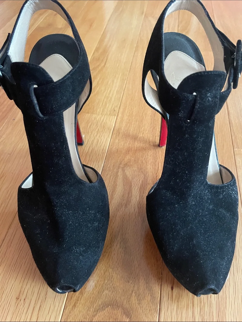 Christian Louboutin  Black Suede T-Strap High Heel Sandals